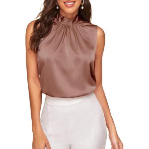 imageVerdusa Womens Elegant Tie Back Sleeveless Pleated Mock Neck Satin Blouse TopDusty Rose