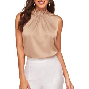 imageVerdusa Womens Elegant Tie Back Sleeveless Pleated Mock Neck Satin Blouse TopKhaki