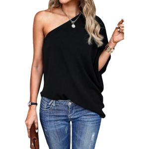 imageVerdusa Womens One Shoulder Dolman Sleeve Longline Tunic Tee Top BlouseBlack