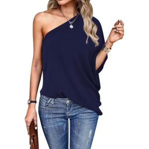 imageVerdusa Womens One Shoulder Dolman Sleeve Longline Tunic Tee Top BlouseDark Blue