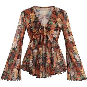imageVerdusa Womens Paisley Boho 70s Mesh Tops Western Outfits Lettuce Trim Peplum V Neck Long Sleeve Blouse TopBlack