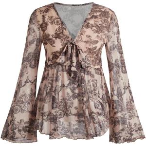 imageVerdusa Womens Paisley Boho 70s Mesh Tops Western Outfits Lettuce Trim Peplum V Neck Long Sleeve Blouse TopBlack Beige