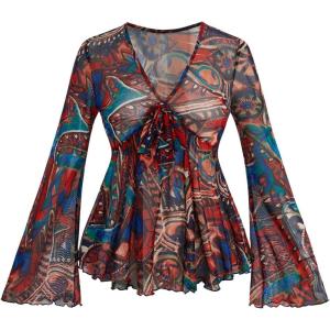 imageVerdusa Womens Paisley Boho 70s Mesh Tops Western Outfits Lettuce Trim Peplum V Neck Long Sleeve Blouse TopBlue Orange