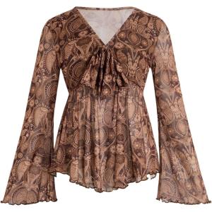imageVerdusa Womens Paisley Boho 70s Mesh Tops Western Outfits Lettuce Trim Peplum V Neck Long Sleeve Blouse TopBrown