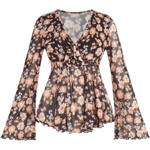 imageVerdusa Womens Paisley Boho 70s Mesh Tops Western Outfits Lettuce Trim Peplum V Neck Long Sleeve Blouse TopFloral Black