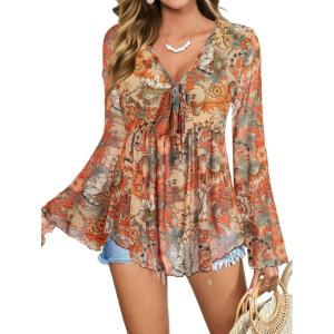 imageVerdusa Womens Paisley Boho 70s Mesh Tops Western Outfits Lettuce Trim Peplum V Neck Long Sleeve Blouse TopOrange Brown