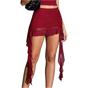imageVerdusa Womens Ruched Ruffle Trim Asymmetrical Bodycon Mini Mesh SkirtDark Red
