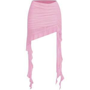 imageVerdusa Womens Ruched Ruffle Trim Asymmetrical Bodycon Mini Mesh SkirtPink