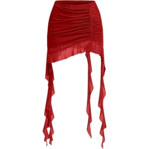 imageVerdusa Womens Ruched Ruffle Trim Asymmetrical Bodycon Mini Mesh SkirtRed