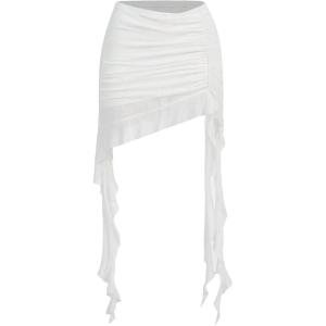 imageVerdusa Womens Ruched Ruffle Trim Asymmetrical Bodycon Mini Mesh SkirtWhite