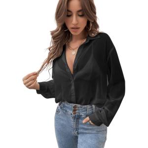 imageVerdusa Womens Sheer Mesh Button Down Shirt Top Long Sleeve Drop Shoulder BlouseBlack