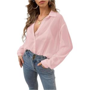 imageVerdusa Womens Sheer Mesh Button Down Shirt Top Long Sleeve Drop Shoulder BlousePink a