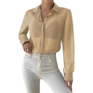imageVerdusa Womens Sheer Mesh Button Up Shirt Long Sleeve See Through BlouseApricot