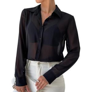 imageVerdusa Womens Sheer Mesh Button Up Shirt Long Sleeve See Through BlouseBlack