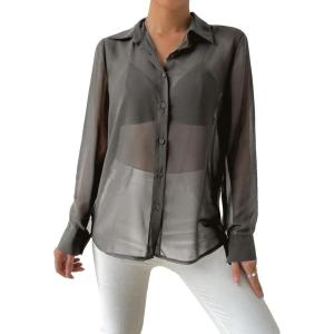 imageVerdusa Womens Sheer Mesh Button Up Shirt Long Sleeve See Through BlouseGrey