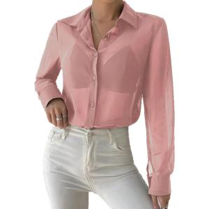 imageVerdusa Womens Sheer Mesh Button Up Shirt Long Sleeve See Through BlousePink