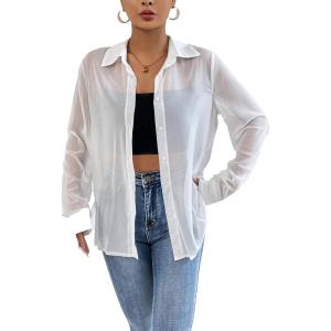 imageVerdusa Womens Sheer Mesh Button Up Shirt Long Sleeve See Through BlouseWhite