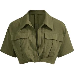 imageVerdusa Womens Short Sleeve Collar Neck Flap Pocket Twist Front Crop Top ShirtsArmy Green