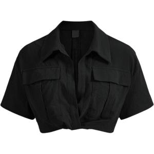 imageVerdusa Womens Short Sleeve Collar Neck Flap Pocket Twist Front Crop Top ShirtsBlack
