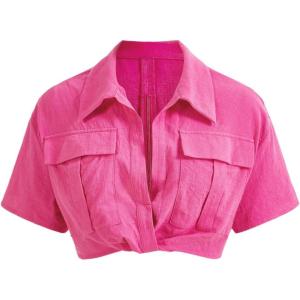 imageVerdusa Womens Short Sleeve Collar Neck Flap Pocket Twist Front Crop Top ShirtsHot Pink