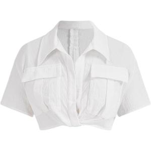 imageVerdusa Womens Short Sleeve Collar Neck Flap Pocket Twist Front Crop Top ShirtsWhite