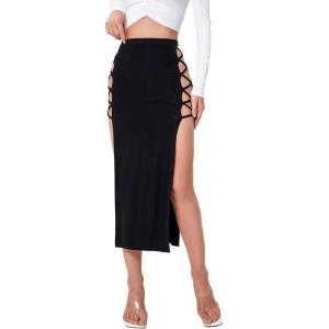imageVerdusa Womens Split Thigh Crisscross Strappy High Waist Bodycon Long SkirtBlack