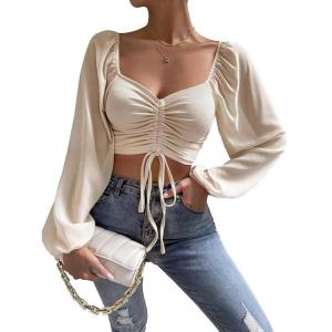 imageVerdusa Womens Sweetheart Neck Drawstring Ruched Lantern Sleeve Crop Top BlouseBeige