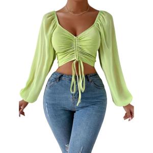 imageVerdusa Womens Sweetheart Neck Drawstring Ruched Lantern Sleeve Crop Top BlouseLime Green