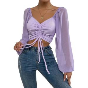 imageVerdusa Womens Sweetheart Neck Drawstring Ruched Lantern Sleeve Crop Top BlousePurple