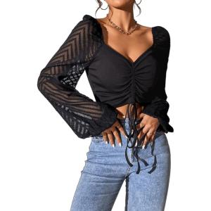 imageVerdusa Womens Sweetheart Neck Drawstring Ruched Lantern Sleeve Crop Top BlouseStriped Black