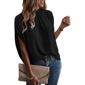 imageVerdusa Womens Tie Back Dolman Sleeve Blouse Top Casual Mock Neck Going Out TopsBlack