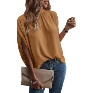 imageVerdusa Womens Tie Back Dolman Sleeve Blouse Top Casual Mock Neck Going Out TopsBrown