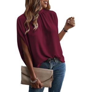 imageVerdusa Womens Tie Back Dolman Sleeve Blouse Top Casual Mock Neck Going Out TopsBurgundy