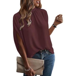 imageVerdusa Womens Tie Back Dolman Sleeve Blouse Top Casual Mock Neck Going Out TopsCoffee Brown