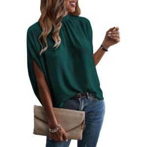 imageVerdusa Womens Tie Back Dolman Sleeve Blouse Top Casual Mock Neck Going Out TopsDark Green