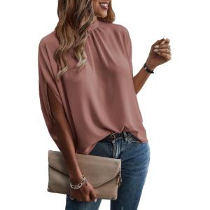 imageVerdusa Womens Tie Back Dolman Sleeve Blouse Top Casual Mock Neck Going Out TopsDusty Rose
