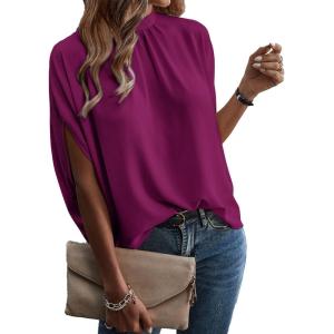 imageVerdusa Womens Tie Back Dolman Sleeve Blouse Top Casual Mock Neck Going Out TopsFuchsia Red