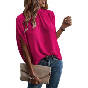 imageVerdusa Womens Tie Back Dolman Sleeve Blouse Top Casual Mock Neck Going Out TopsMagenta Pink