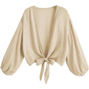 imageVerdusa Womens Tie Front Long Sleeve Swimsuit Kimono Cover Up Wrap Blouse TopApricot