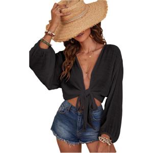 imageVerdusa Womens Tie Front Long Sleeve Swimsuit Kimono Cover Up Wrap Blouse TopBlack Solid
