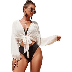 imageVerdusa Womens Tie Front Long Sleeve Swimsuit Kimono Cover Up Wrap Blouse TopWhite