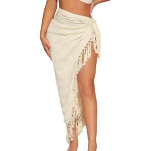 imageVerdusa Womens Twist High Split Fringe Skirt High Waist Asymmetrical Long SkirtApricot