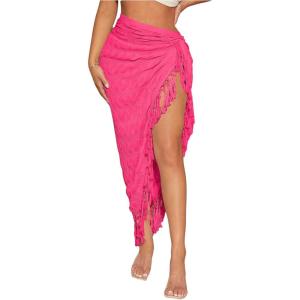 imageVerdusa Womens Twist High Split Fringe Skirt High Waist Asymmetrical Long SkirtHot Pink