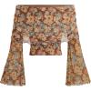 imageVerdusa Womens 70s Off Shoulder Flare Sleeve Ruched Tee Top Floral Print Lettuce Trim Crop Tee ShirtBrown
