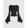 imageVerdusa Womens Bell Long Sleeve Floral Print Mesh Tie Front Lettuce Trim Tee Shirt TopBlack
