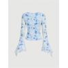 imageVerdusa Womens Bell Long Sleeve Floral Print Mesh Tie Front Lettuce Trim Tee Shirt TopBlue