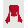 imageVerdusa Womens Bell Long Sleeve Floral Print Mesh Tie Front Lettuce Trim Tee Shirt TopBurgundy