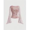 imageVerdusa Womens Bell Long Sleeve Floral Print Mesh Tie Front Lettuce Trim Tee Shirt TopDusty Pink