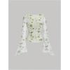imageVerdusa Womens Bell Long Sleeve Floral Print Mesh Tie Front Lettuce Trim Tee Shirt TopGreen