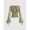 imageVerdusa Womens Bell Long Sleeve Floral Print Mesh Tie Front Lettuce Trim Tee Shirt TopOlive Green